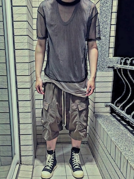 「DRKSHDW by RICK OWENS（ダークシャドウ バイ リックオウエンス）のアイテム」を使った、Ivano Shiehさん（メンズ・178cm）の夏コーディネート