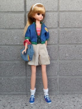 「TAKARAのアイテム（スニーカー、ブルー系）」を使った、やんちゃっちゃんさん（レディース・165cm）の春コーディネート