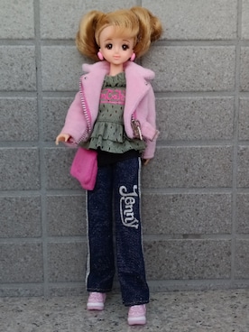 「TAKARA ファッションコレクション ストリートのアイテム（ライダースジャケット、ピンク系）」を使った、やんちゃっちゃんさん（レディース・165cm）の冬コーディネート