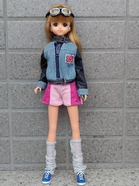 「TAKARA ファッションコレクション ストリートのアイテム（ライダースジャケット、ブルー系）」を使った、やんちゃっちゃんさん（レディース・165cm）の春コーディネート