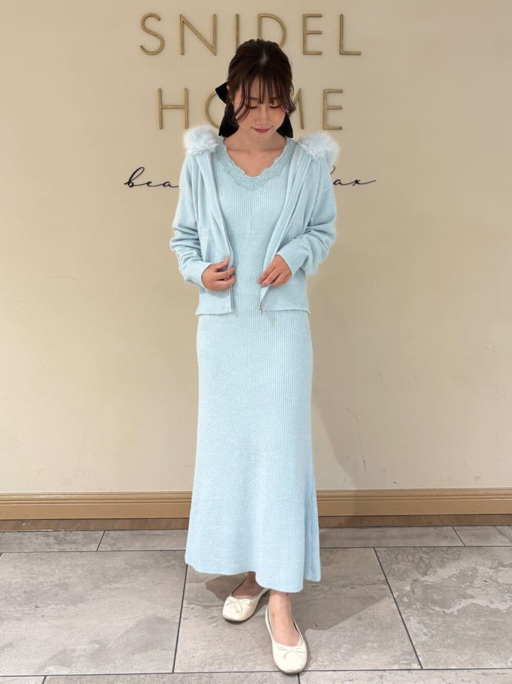 KAIチャイナワンピース水色homspunホームスパンビュルデサボン 新品・未使用】裏起毛あったかレース花柄長袖チャイナドレスワンピース