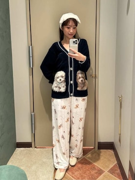 「SNIDEL HOME（スナイデルホーム）のDOGラメジャガードカーディガン（ルームウェア/パジャマ、ブルー系）」を使った、SNIDEL HOMEさんの夏コーディネート