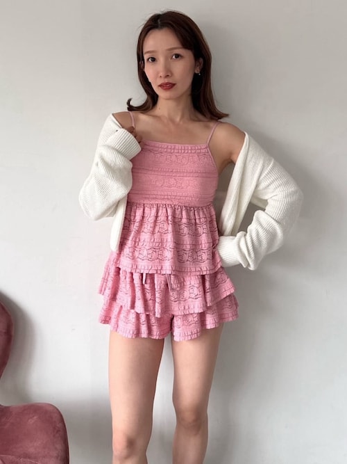 【値下げ中】snidel ボリュームキャミトップス pink セール】カットレースキャミソール（ルームウェア/パジャマ