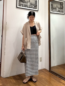 「LOUNGEDRESS（ラウンジドレス）のカラミチェックセミタイトスカート（スカート、ブラック系）」を使った、manami さん（レディース・168cm）の夏コーディネート