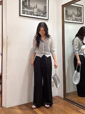「LOUNGEDRESS（ラウンジドレス）のシアーWカラーカーデ（カーディガン/ボレロ、グレー系）」を使った、manami さん（レディース・168cm）の夏コーディネート