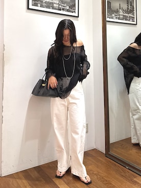 「LOUNGEDRESS（ラウンジドレス）の《シアートップス》レースプルオーバー（シャツ/ブラウス、ブラック系）」を使った、manami さん（レディース・168cm）の夏コーディネート