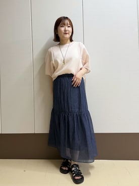 「INDIVI（インディヴィ）の【華奢見え】ジャカード ドルマントップス（Tシャツ/カットソー、ピンク系）」を使った、Rikoさん（レディース）の夏コーディネート
