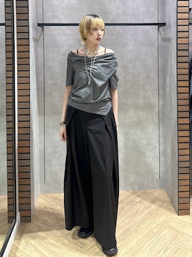 「PAGEBOY（ページボーイ）のMEGAワイドスラックス（スラックス、ブラック系）」を使った、ｼﾐさん（レディース・161cm）の夏コーディネート