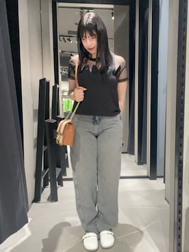 「ARMANI EXCHANGE（アルマーニエクスチェンジ）の【A|X アルマーニ エクスチェンジ】ユーズドルック ブルーデニムパンツ_J99 SLOUCHY BACK BUCKLE（デニムパンツ、ブルー系）」を使った、Sanamさん（レディース・168cm）の夏コーディネート
