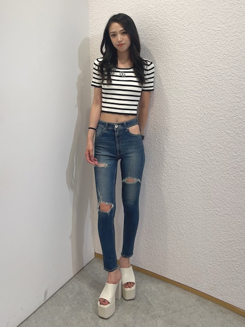 ハイウエストcut out poketダメージスキニーデニムパンツ