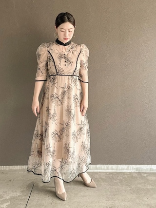 【LEJA】配色パイピングプチハイネック花柄刺繍ラメレースロング丈ドレス　ブルー Leja ドレス 「LEJA」配色パイピングプチハイネック花柄刺繍