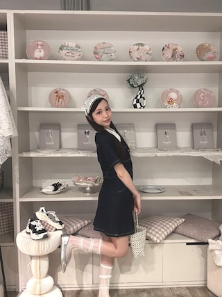 LA POMME petit（ラポミ・プチ）の「レース襟半袖デニムミニワンピース