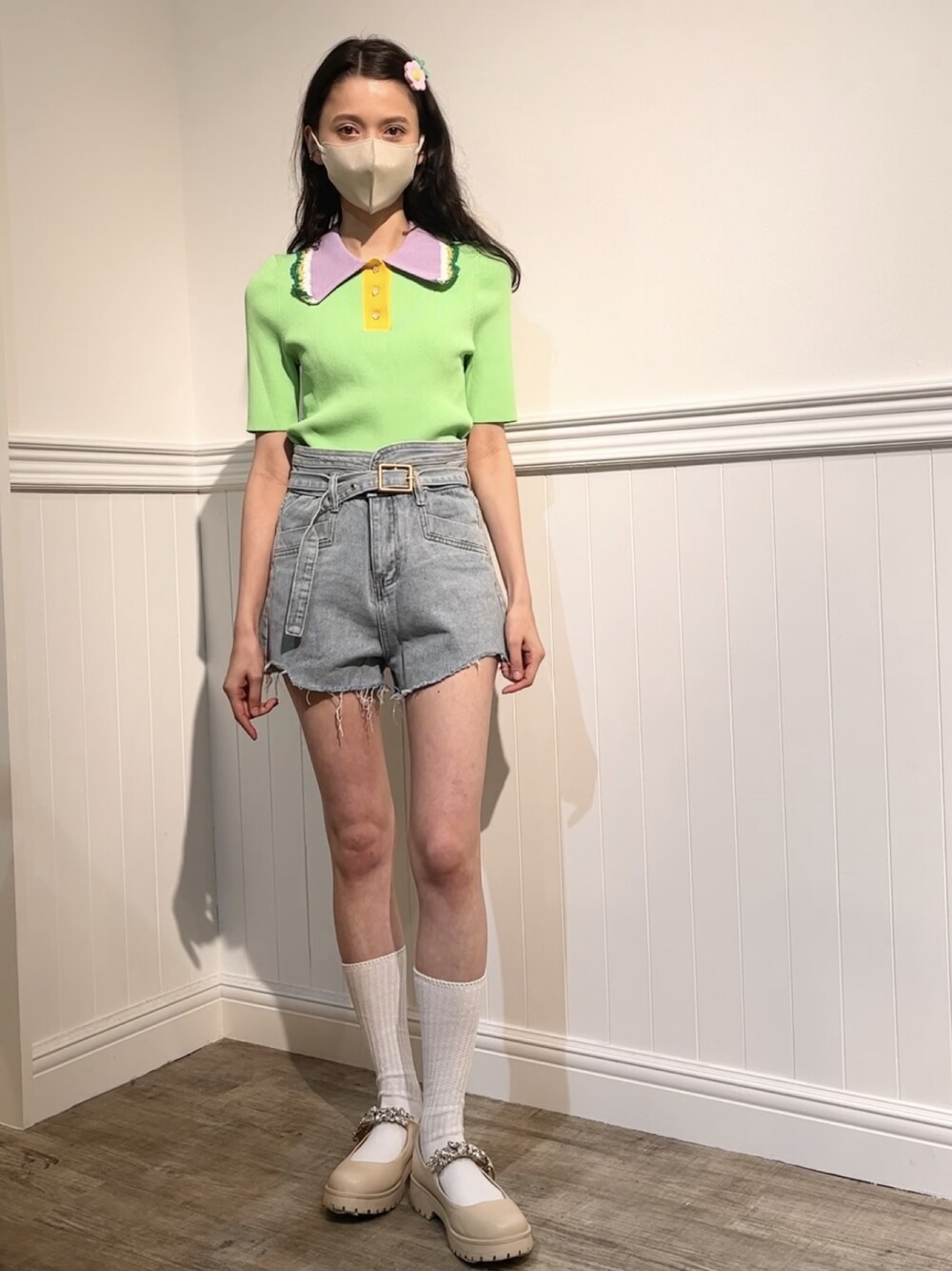「LA POMME petitのマカロンカラーポロトップス/Macaron Color T-shirt【LA POMME petit /ラポミ・プチ】（ポロシャツ、グリーン系）」を使った、lapommepetit_staffさん（レディース・160cm）の夏コーディネートの1枚目の写真