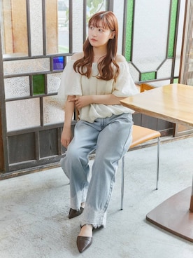 「LOWRYS FARM（ローリーズファーム）のレースデニム　601055（デニムパンツ、ブルー系）」を使った、のあさん（レディース・150cm）の春コーディネート