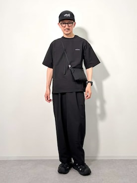「THOUSAND MILE（サウザンドマイル）の[THOUSAND MILE/サウザンドマイル] ショートスリーブTシャツ/パンツ イージーセットアップ(無地)（その他パンツ、ブラック系）」を使った、JEANS FACTORYさん（メンズ・168cm）の夏コーディネート