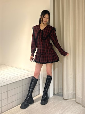 「jouetie（ジュエティ）のストレッチレースアップロングブーツ（ブーツ、ブラック系）」を使った、HIKARUさん（レディース・163cm）の夏コーディネート