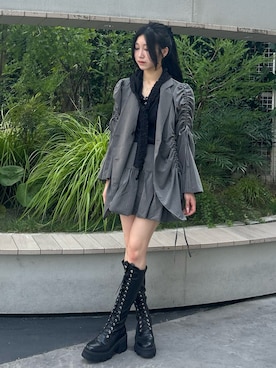 「jouetie（ジュエティ）のギャザーリボンジャケットミニワンピース【セットアップ対応】（テーラードジャケット）」を使った、HIKARUさん（レディース・163cm）の夏コーディネート