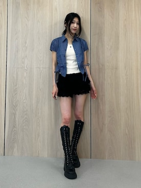 「jouetie（ジュエティ）のレイヤードキャミソール　カップ付き（キャミソール、ホワイト系）」を使った、HIKARUさん（レディース・163cm）の夏コーディネート