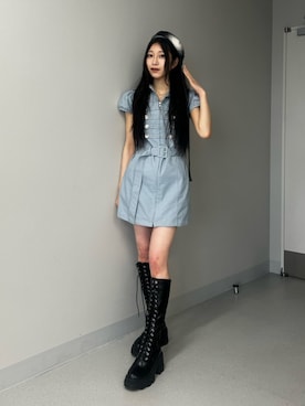 「jouetie（ジュエティ）のストレッチレースアップロングブーツ（ブーツ、ブラック系）」を使った、HIKARUさん（レディース・163cm）の夏コーディネート