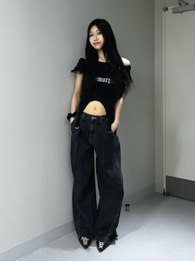 「jouetie（ジュエティ）の【PosTokyo】TUCK BUGGY（デニムパンツ、ブラック系）」を使った、HIKARUさん（レディース・163cm）の夏コーディネート