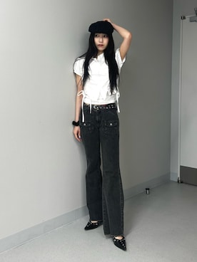 「jouetie（ジュエティ）のハトメポインテッドパンプス（パンプス、ブラック系）」を使った、HIKARUさん（レディース・163cm）の夏コーディネート