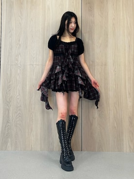 「jouetie（ジュエティ）のストレッチレースアップロングブーツ（ブーツ、ブラック系）」を使った、HIKARUさん（レディース・163cm）の夏コーディネート