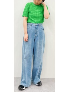 「nissen（ニッセン）の綿１００％ゆるシルエット超ワイドパンツ［Soiunique］（デニムパンツ、ブルー系）」を使った、nissen Ladies Usersさん（レディース）の秋コーディネート