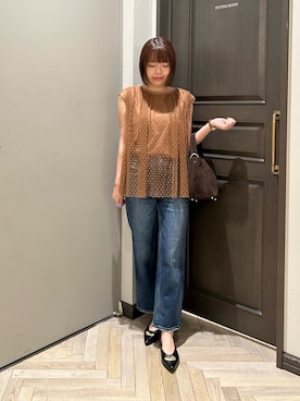 「NANO universe（ナノユニバース）のドットチュールレイヤードトップス（Tシャツ/カットソー、ブラウン系）」を使った、いけいさん（レディース・152cm）の秋コーディネート