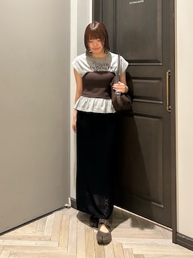 「NANO universe（ナノユニバース）のメッシュレースニットスカート（スカート、ブラック系）」を使った、いけいさん（レディース・152cm）の夏コーディネート