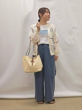「DRESKIP（ドレスキップ）のニュアンスデザインがこなれ見え 刺繍デザイン シアーカーディガン（カーディガン/ボレロ、ホワイト系）」を使った、kanaさん（レディース・157cm）の夏コーディネート