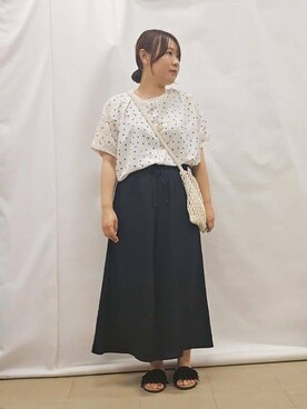 「DRESKIP（ドレスキップ）の【洗える/前後2WAY】涼しく軽やかな アソートドルマンブラウス（シャツ/ブラウス、ホワイト系）」を使った、kanaさん（レディース・157cm）の夏コーディネート