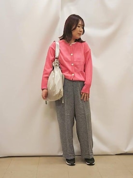 「DRESKIP（ドレスキップ）の【洗える/S-LL/アンサンブル可】大人フェミニン さらっとタッチのニットカーディガン（カーディガン/ボレロ、ピンク系）」を使った、kanaさん（レディース・157cm）の秋コーディネート