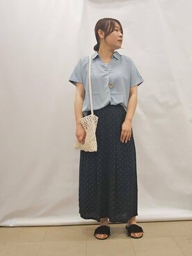 「DRESKIP（ドレスキップ）の【S-LL/ひんやり】いつものコーデを華やかに 柄アソート 麻調ガウチョパンツ（その他パンツ、ブルー系）」を使った、kanaさん（レディース・157cm）の夏コーディネート
