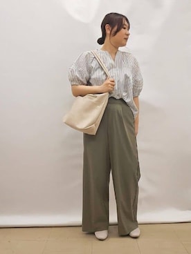 「DRESKIP（ドレスキップ）の【洗える/S-LL】洗濯後しわになりにくい 5分袖スキッパーブラウス（シャツ/ブラウス、ホワイト系）」を使った、kanaさん（レディース・157cm）の春コーディネート