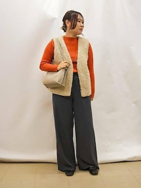 「DRESKIP（ドレスキップ）のふわふわファーベスト（ベスト、ベージュ系）」を使った、kanaさん（レディース・157cm）の秋コーディネート