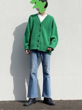 「MASONPRINCE（メイソンプリンス）の【M.P Studios】【2021AW Newカラー】Oversized drop sholder cardigan  KS1719（カーディガン/ボレロ、グリーン系）」を使った、blue and green  -05さん（メンズ）の冬コーディネート