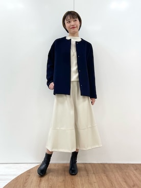 「白ニット」｜「アイテム（ノーカラーコート）」を使った、kanaeさん（レディース・166cm）の冬コーディネート