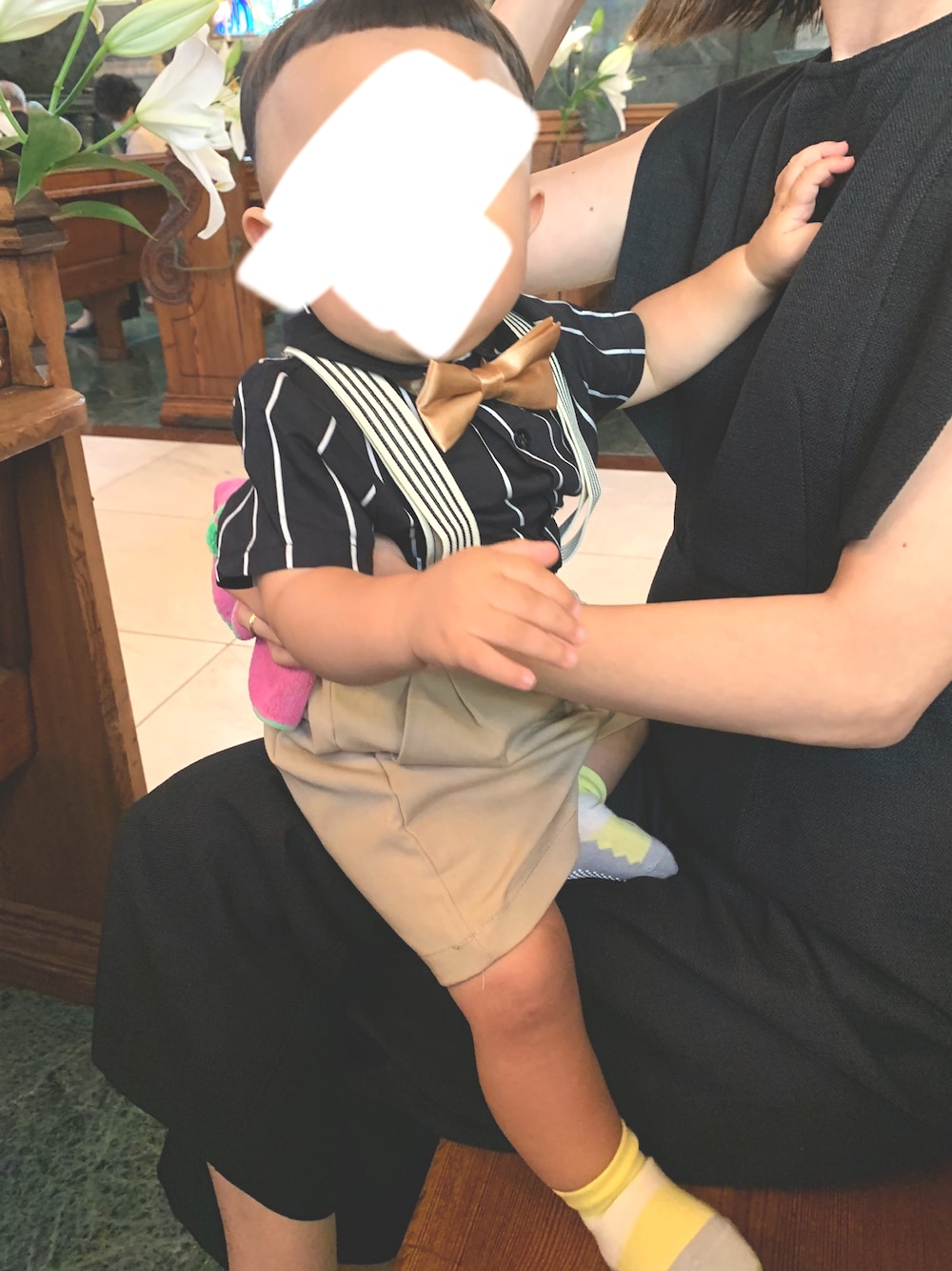 「赤ちゃん、ベビー、ベビーコーデ、０歳、11ヶ月、男の子、男の子コーデ、むすこーで、結婚式、フォーマル」｜「メルカリのアイテム（スーツセット、ブラック系）」を使った、kankanさん（キッズ・80cm）の秋コーディネートの1枚目の写真