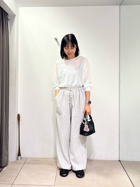 「CIAOPANIC TYPY（チャオパニックティピー）のシアーボーダーロンTee（Tシャツ/カットソー、ホワイト系）」を使った、tamaizmmmさん（レディース・165cm）の夏コーディネート