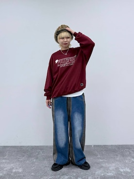 「niko and...（ニコアンド）の[MODE NORM CORE] デニムパッチワークパンツ（デニムパンツ、ブラウン系）」を使った、ちーちさん（レディース・165cm）の秋コーディネート