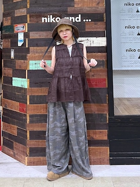「niko and...（ニコアンド）の《抗菌防臭》ラフィアキャペリンハット（ハット、ブラウン系）」を使った、ちーちさん（レディース・165cm）の夏コーディネート
