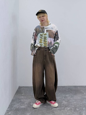 「niko and...（ニコアンド）のウォッシュアニマル刺繍CAP（キャップ、グレー系）」を使った、ちーちさん（レディース・165cm）の夏コーディネート