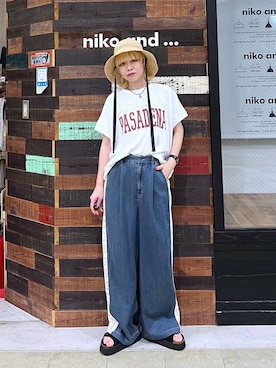 「niko and...（ニコアンド）の《抗菌防臭》ラフィアキャペリンハット（ハット、ベージュ系）」を使った、ちーちさん（レディース・165cm）の夏コーディネート