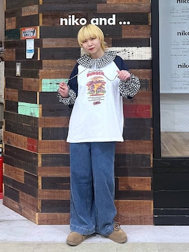 「niko and...（ニコアンド）のリネンブレンドフリルブラウス（シャツ/ブラウス、ブラック系）」を使った、ちーちさん（レディース・165cm）の春コーディネート