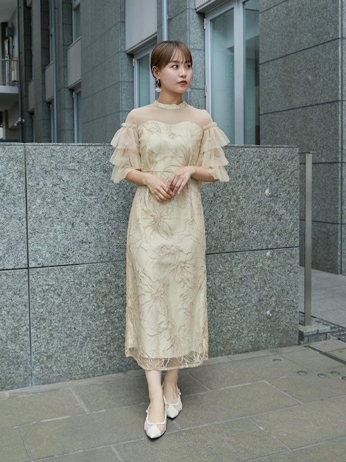 低身長用サイズあり】フラワーラメ刺繍レースドレス 結婚式 成人式