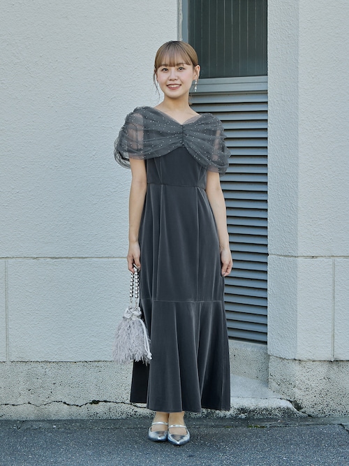 ラインストーンチュールオフショルベロアドレス パーティードレス