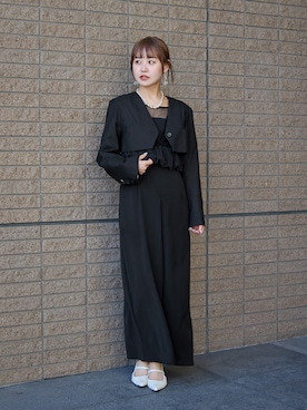 「niana（ニアナ）のスラッシュポケットクロップドジャケット フォーマル 結婚式 同窓会 成人式 お呼ばれ パーティー オケージョン セレモニー（ノーカラージャケット、ブラック系）」を使った、nianaさん（レディース）の春コーディネート