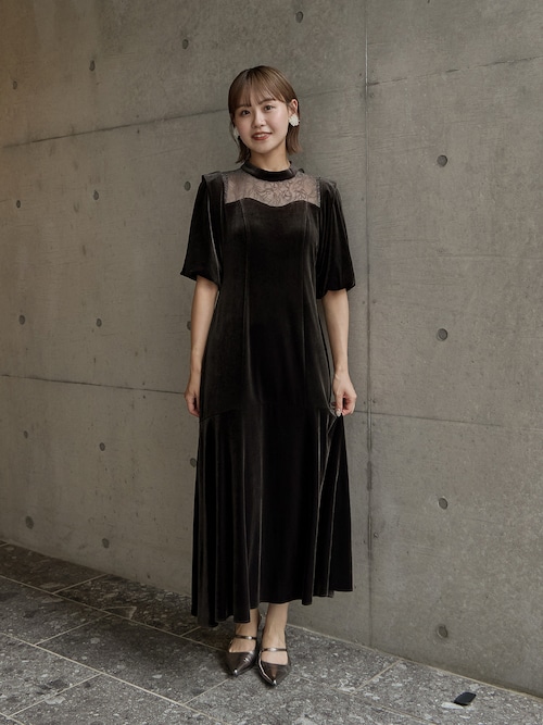 オーガンジー花柄フロッキーベロアドレス 結婚式 二次会 成人式 同窓会