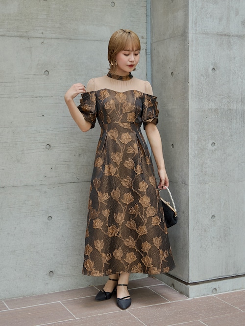 フラワージャガードフレアドレス パーティードレス オケージョンドレス