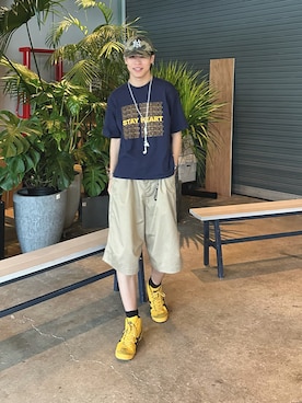 「FFEIN（フェイン）の＊新色追加【FFEIN（フェイン）】メッセージロゴショート丈Tシャツ / ぼかしロゴ Tシャツ 短丈 クルーネック 半袖（Tシャツ/カットソー）」を使った、Yo_ta  さん（メンズ・178cm）の夏コーディネート